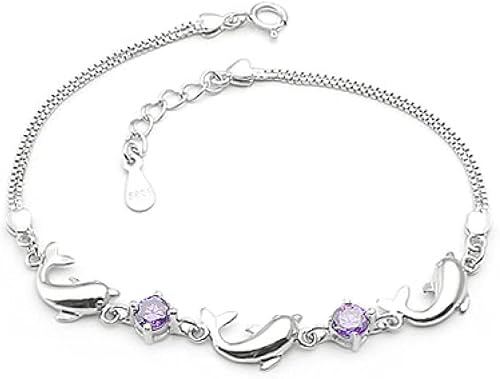 DIPISO Armband, Frauen 925 Sterling Silber Armband Delphin Amethyst Verstellbarer Armreif Exquisite Damen Armband Mode Sterling Silber Schmuck Geschenke for Ihre Frau Freundin Mama von DIPISO