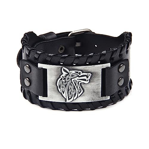 DIPIUS MAGIIE Herren Lederarmband Gotik Punk Rock Lederband,Kompass/Totem der Wikinger/Wolf/Baum des Lebens,Echtlederarmband Herren (Schwarz（Wolfskopf）) von DIPIUS