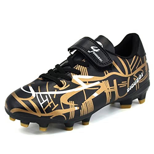 DIQUEQI Jungen Mädchen Fußballschuhe Stollen Fußballschuhe Professionelle Spikes Fußball Wettkampfschuhe Trainingsschuhe für Unisex Kinder, Schwarz Gold Fg, 34 EU von DIQUEQI