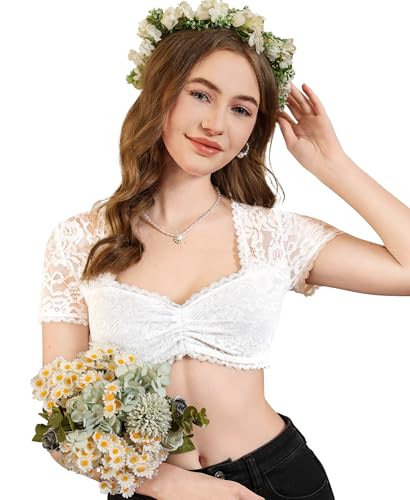 DIRNDLSTERN Bluse Damen Spitze - Dirndlbluse Weiß Herzausschnitt Trachtenbluse Kurzarm für Oktoberfest 46 von DIRNDLSTERN