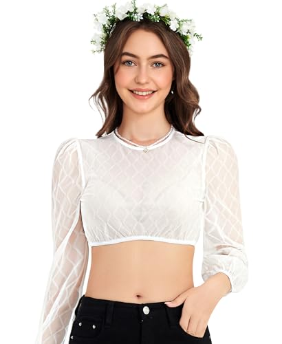 DIRNDLSTERN Bluse Damen Weiß - Dirndlbluse Langarm Trachtenbluse Elegant für Oktoberfest 38 von DIRNDLSTERN
