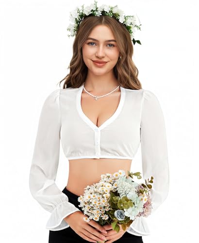 DIRNDLSTERN Bluse Damen Weiß - Dirndlbluse Langarm V-Ausschnitt Oktoberfest Bluse 40 von DIRNDLSTERN