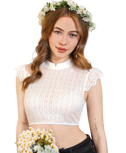 DIRNDLSTERN Bluse Damen Weiß - Dirndlbluse Spitze Dirndlblusen Hochgeschlossen Flügelärmel Trachtenblusen Vertikale Streifen Elegant 42 von DIRNDLSTERN