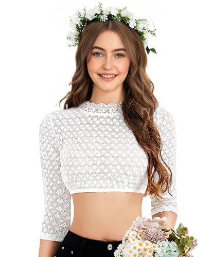 DIRNDLSTERN Bluse Damen Weiß - Dirndlbluse Spitze Dirndlblusen Langarm Trachtenblusen für Oktoberfest 42 von DIRNDLSTERN