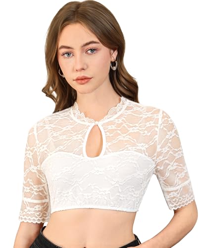 DIRNDLSTERN Bluse Damen Weiß - Elegante Kurzarm Dirndlbluse mit Spitze und Teardrop-Ausschnitt für Oktoberfest 44 von DIRNDLSTERN