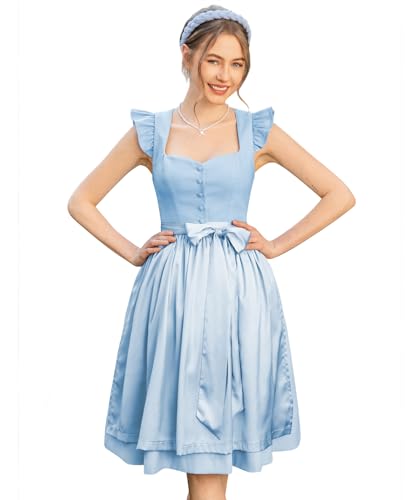 DIRNDLSTERN Damen Midi Trachtenkleid - Dirndlkleid Hellblau Trachtenmode Kleid mit Klettverschluss Flügelärmel 36 von DIRNDLSTERN