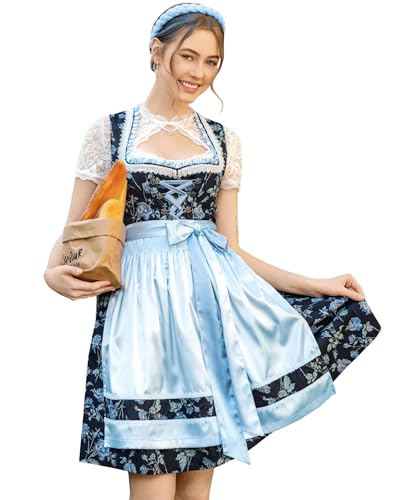 DIRNDLSTERN Damen Mini Blau - Trachtenkleid Baumwolle mit Blumenmuster Dirndlkleid mit Schürze und Ersatzknöpfen Ausgestattet 44 von DIRNDLSTERN