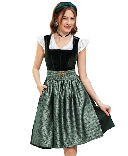 DIRNDLSTERN Damen Trachtenkleid Grün - Trachtenrock Midi Samt Dirndlkleid Oktoberfest Outfit mit Dirndlschürzen 34 von DIRNDLSTERN