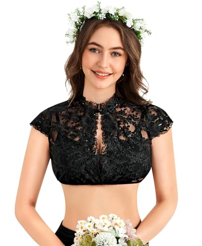DIRNDLSTERN Dirndlbluse Damen Bluse Spitze - Dirndlblusen Kurzarm Hochgeschlossene Trachtenbluse für Oktoberfest Schwarz 42 von DIRNDLSTERN