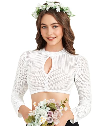 DIRNDLSTERN Dirndlbluse Damen Langarm Weiß Bluse Spitze Trachtenbluse Hochgeschlossen Elegant für Oktoberfest 38 von DIRNDLSTERN