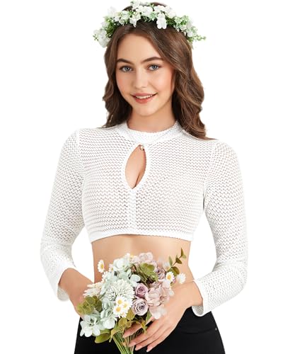 DIRNDLSTERN Dirndlbluse Damen Langarm Weiß Bluse Spitze Trachtenbluse Hochgeschlossen Elegant für Oktoberfest 42 von DIRNDLSTERN