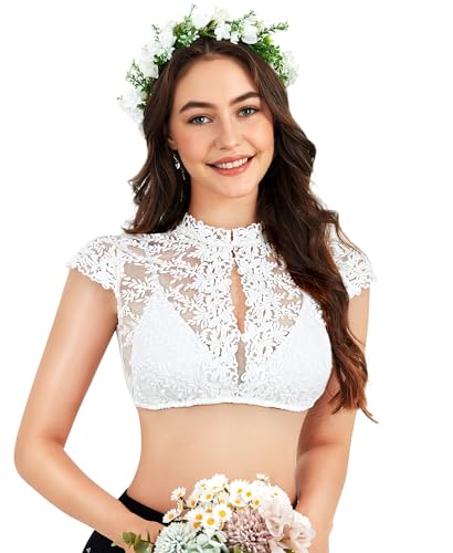 DIRNDLSTERN Dirndlbluse Damen Spitze Kurzarm - Trachtenbluse Bluse Oktoberfest Outfit Weiß 42 von DIRNDLSTERN