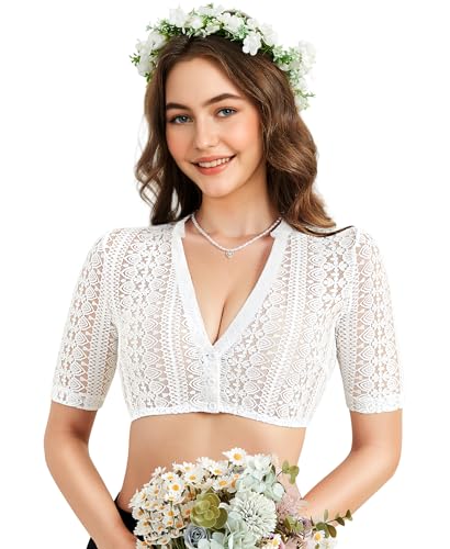 DIRNDLSTERN Dirndlbluse Damen Spitze Weiß - Trachtenbluse Halbarm Bluse mit V-Ausschnitt für Oktoberfest 38 von DIRNDLSTERN