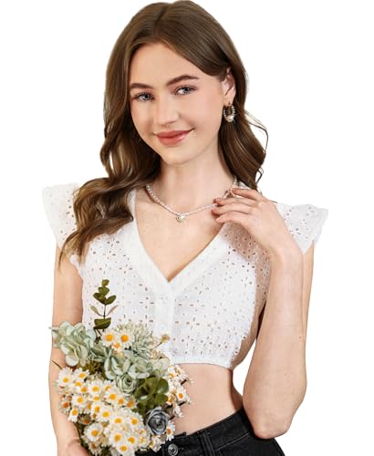 DIRNDLSTERN Dirndlbluse Damen Weiß - Exklusive Kurzarm Dirndlbluse mit V-Ausschnitt und Hohlem Design für das Oktoberfest 42 von DIRNDLSTERN