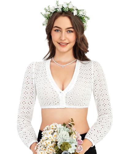 DIRNDLSTERN Dirndlbluse Damen Weiß Langarm Bluse Trachtenbluse V-Ausschnitt Dirndlblusen für Oktoberfest 34 von DIRNDLSTERN