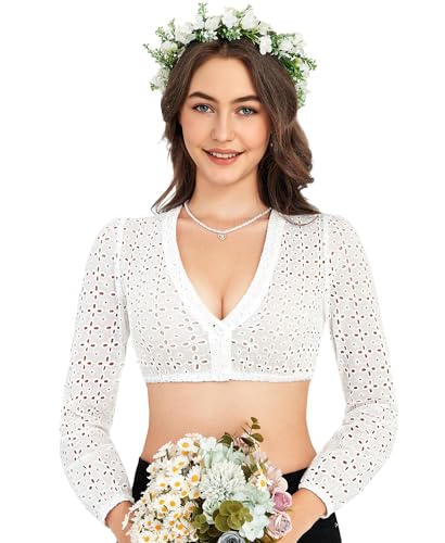DIRNDLSTERN Dirndlbluse Damen Weiß Langarm - Trachtenbluse Bluse V-Ausschnitt Dirndlblusen für Oktoberfest 36 von DIRNDLSTERN