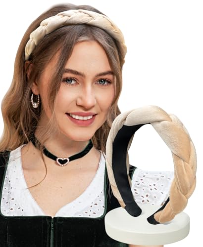 DIRNDLSTERN Geflochtener Trachten Haarreifen Damen - Haarschmuck Haarreif Dirndl Samt Oktoberfest Accessoires Beige von DIRNDLSTERN