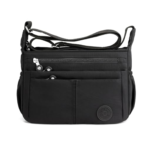 DIRRONA Umhängetasche Damen Groß - Leicht Wasserdicht Nylon Handtasche Damen Mit Vielen Fächern Schultertasche Für Arbeit Freizeit Reisen Und City Trips Obsidianschwarz von DIRRONA