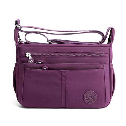 DIRRONA Umhängetasche Damen Groß - Leicht Wasserdicht Nylon Handtasche Damen Mit Vielen Fächern Schultertasche Für Arbeit Freizeit Reisen Und City Trips Tiefpflaume von DIRRONA