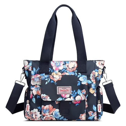 DIRRONA Bunte Damenhandtaschen Modedruck Umhängetasche Multi Pocket Multi Fach Crossbody Bag Beiläufig Umhängetasche Aus Wasserdicht Nylon Reisen Schule Täglicher Gebrauch Damentasche Blau F von DIRRONA