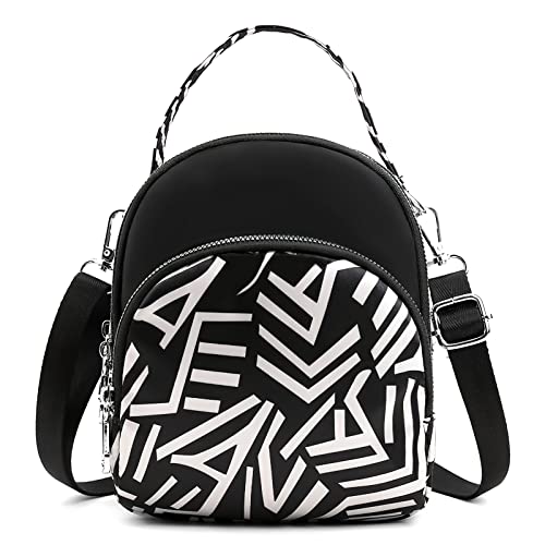 DIRRONA Damen Handtasche Lässiges Damen Umhängetasche Klein Rucksack Mode Drucken Schultertaschen Multi Tasche Nylon Wasserdicht Reisen Umhängetasche Schwarz D von DIRRONA