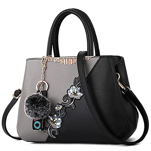 DIRRONA Damen Handtasche Mode Blumenmuster Schulterbeutel Große Kapazität Umhängetasche Casual Reise 2 Farben Nähdesign Tasche für Frauen Haarkugel Anhänger Handtschasche Grau A von DIRRONA