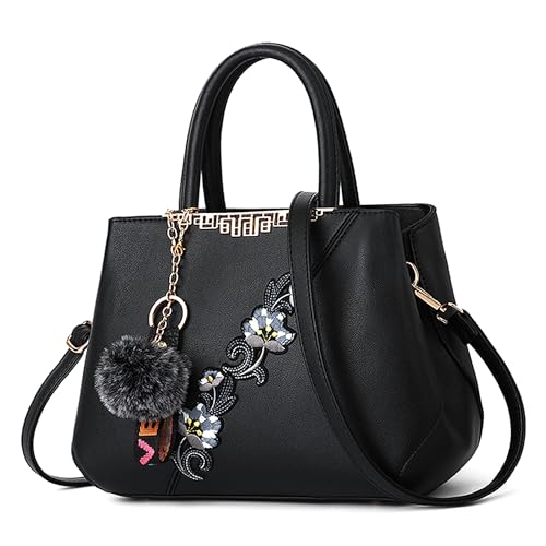 DIRRONA Handtasche Damen Groß – Umhängetasche & Tote Bag mit Blumenstickerei und Pom-Pom-Dekoration, ideal für Arbeit und Freizeit, Reisen oder Urlaub, Büro sowie Abendanlässe und Hochzeiten von DIRRONA