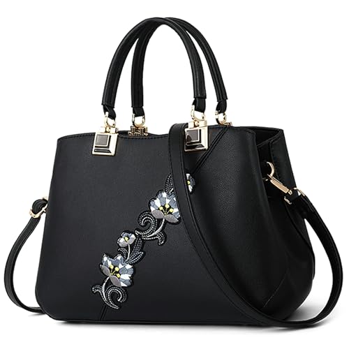 DIRRONA Handtasche Damen Groß – Umhängetasche & Tote Bag mit Blumenstickerei und Pom-Pom-Dekoration, ideal für Arbeit und Freizeit, Reisen oder Urlaub, Büro sowie Abendanlässe und Hochzeiten von DIRRONA