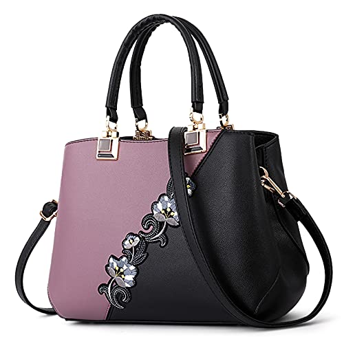 DIRRONA Damen Handtasche Mode Blumenmuster Schulterbeutel Große Kapazität Umhängetasche Casual Reise 2 Farben Nähdesign Tasche für Frauen Haarkugel Anhänger Handtschasche Lila von DIRRONA