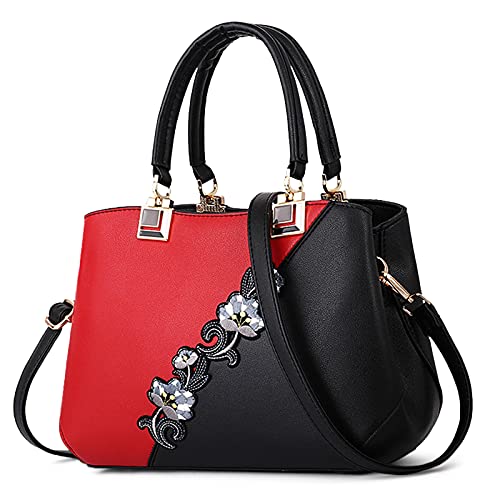 DIRRONA Damen Handtasche Mode Blumenmuster Schulterbeutel Große Kapazität Umhängetasche Casual Reise 2 Farben Nähdesign Tasche für Frauen Haarkugel Anhänger Handtschasche Rot von DIRRONA