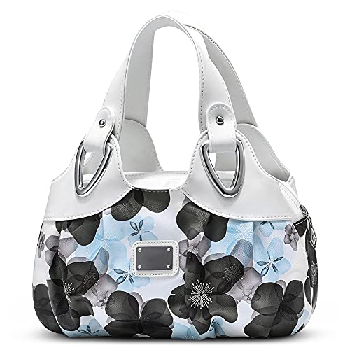 DIRRONA Damen Handtasche Schultertasche Kompakt Tragetasche Lässige Handgelenktasche Wasserdicht PU Leder Damenhandtasche Blume Blau + Weiß von DIRRONA