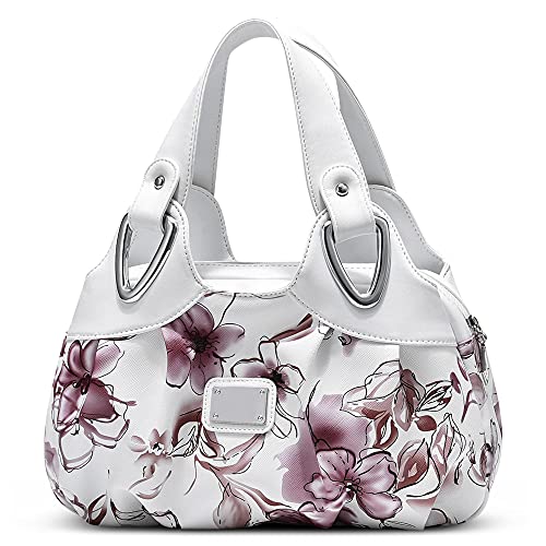 DIRRONA Damen Handtasche Schultertasche Kompakt Tragetasche Lässige Handgelenktasche Wasserdicht PU Leder Damenhandtasche Blume Rosa + Weiß von DIRRONA