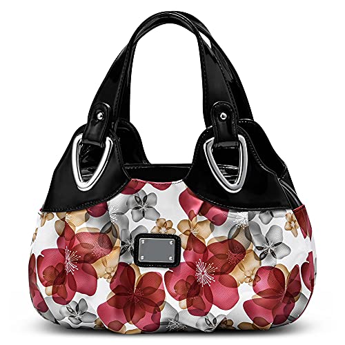 DIRRONA Damen Handtasche Schultertasche Kompakt Tragetasche Lässige Handgelenktasche Wasserdicht PU Leder Damenhandtasche Blume Rot + Schwarz von DIRRONA
