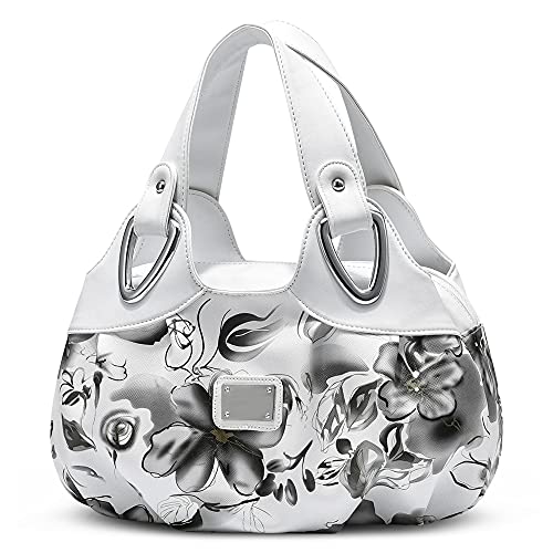 DIRRONA Damen Handtasche Schultertasche Kompakt Tragetasche Lässige Handgelenktasche Wasserdicht PU Leder Damenhandtasche Blume Weiß + Grau von DIRRONA