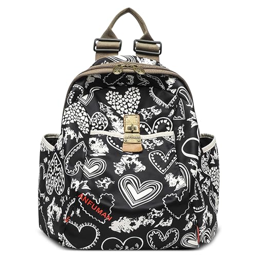 DIRRONA Damen Mode Bedruckter Rucksack für 14 Zoll Laptop Casual Travel Schulterrucksack Nylon Großer Leichter Rucksack Schule Lässig Urlaub Umhängetasche Arbeit Laptoptasche Schwarz A von DIRRONA