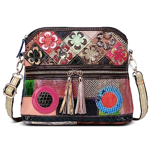 DIRRONA Umhängetasche Damen aus Leder – Bunte Crossbody Bag im Vintage Patchwork-Design, Tasche für Damen perfekt für Arbeit, Reisen & Alltag Bunt Kreis von DIRRONA
