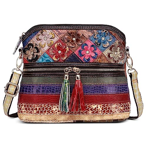 DIRRONA Umhängetasche Damen aus Leder – Bunte Crossbody Bag im Vintage Patchwork-Design, Tasche für Damen perfekt für Arbeit, Reisen & Alltag Bunt Streifen von DIRRONA