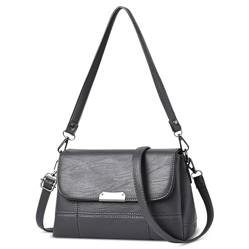 DIRRONA Damen Mode Umhängetasche Pu Leder Achseltaschen Klein Crossbody Bag Lässige Handtasche für Reisen Dating Arbeiten Party Frauen Schultertasche mit 2 Schultergurte Grau von DIRRONA