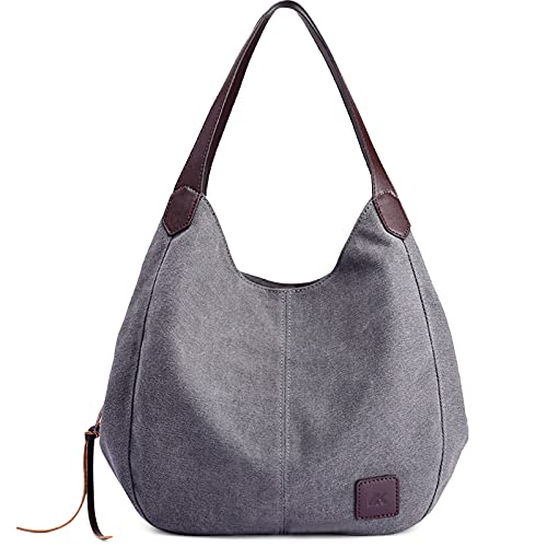 DIRRONA Mode Damen Canvas Handtasche Damen Canvas Schultertasche Canvas Tragetasche Leicht Sanft Handtasche Hohe Kapazität Reise Schultertaschen Grau von DIRRONA