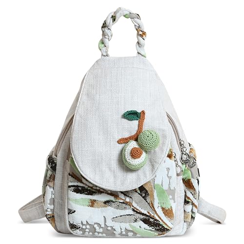 DIRRONA Damen Rucksack Mode Bestickte Täglich Lässig Reisen Arbeit Einkaufen Vintage Rucksäcke Elegant Multifunktional Leinwand Handtasche Cityrucksack Weiß A von DIRRONA