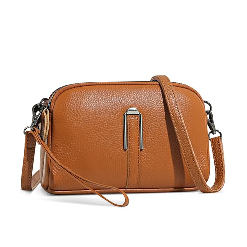DIRRONA Damen Umhängetasche Klein Crossbody Tasche Stylische mit Diebstahlschutz Verstellbarer Gurt Reisen Shopping PU Leder Schultertasche Anti-Diebstahlfach Büro Stadt Reisen Karamellbraun von DIRRONA