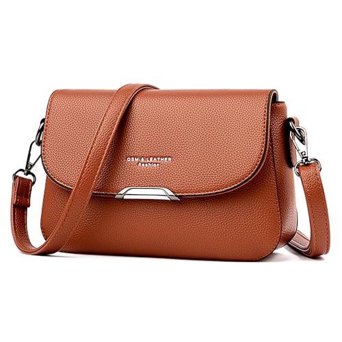 DIRRONA Damen Umhängetasche Mittelgroß Crossbody Bag Leder Handtasche mit 2 Gurten Leicht Wasserdicht für Reisen Einkaufen Schultertasche für AlltagBraun von DIRRONA