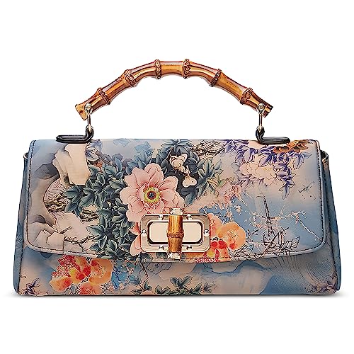 DIRRONA Damen Umhängetasche Mode Retro-Druck Umhängetaschen Täglich Casual Henkeltasche Handtasche Mittel Schultertasche Pu Leder Tasche Reisen Dating Arbeiten Party Frauentasche Blau von DIRRONA