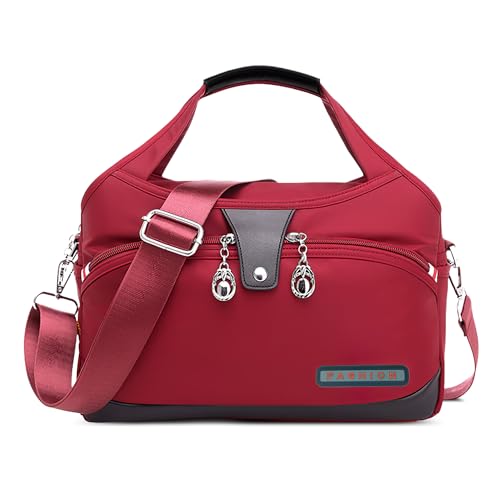 DIRRONA Damen Umhängetasche Multi Pocket Crossbody Bag Schultertaschen Leicht Handtasche Waterproof Nylon Reisen Täglicher Gebrauch Damentasche Rot A von DIRRONA