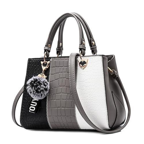 DIRRONA Damen Handtasche, PU Leder Handtasche mit Farbblock-Design und elegantem Anhänger, stilvolle Schultertasche & Umhängetasche für Arbeit, Reisen und Freizeit Modernes Grau von DIRRONA