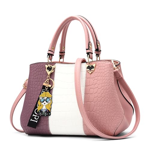 DIRRONA Damen Handtasche – PU Leder Handtasche mit Farbblock-Design und elegantem Anhänger, stilvolle Schultertasche & Umhängetasche – perfekt für Arbeit, Reisen und Freizeit Romantisches Rosa von DIRRONA