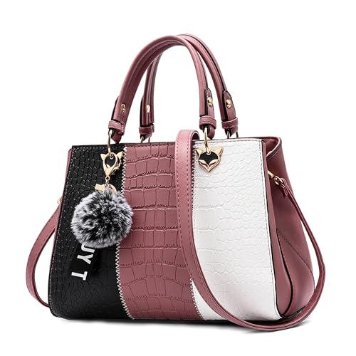 DIRRONA Damen Handtasche, PU Leder Handtasche mit Farbblock-Design und elegantem Anhänger, stilvolle Schultertasche & Umhängetasche für Arbeit, Reisen und Freizeit Vintage-Burgunderrot von DIRRONA