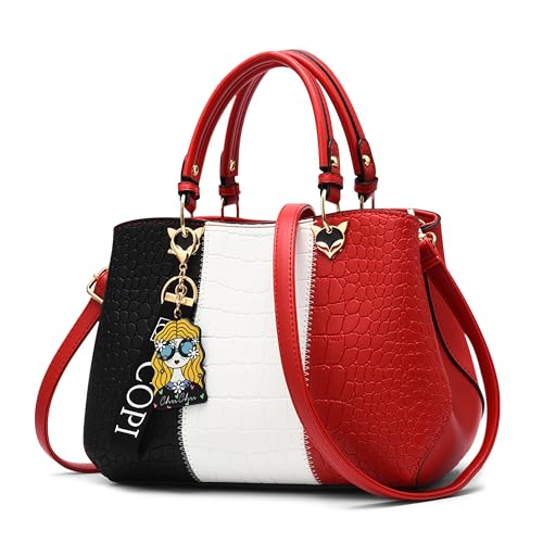 DIRRONA Damen Handtasche – PU Leder Handtasche mit Farbblock-Design und elegantem Anhänger, stilvolle Schultertasche & Umhängetasche – perfekt für Arbeit, Reisen und Freizeit Elegantes Rot von DIRRONA