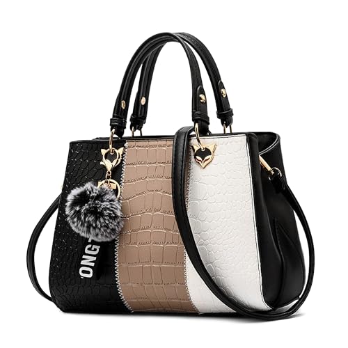 DIRRONA Damen Handtasche, PU Leder Handtasche mit Farbblock-Design und elegantem Anhänger, stilvolle Schultertasche & Umhängetasche für Arbeit, Reisen und Freizeit Mitternachtsschwarz von DIRRONA