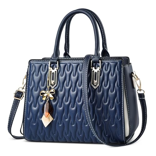 DIRRONA Elegante Damen Handtasche Mode Umhängetaschen Mit Anhänger Mittel Lässig Crossbody Tasche Pu Leder Henkeltasche Schultertasche für Geschäft Arbeiten Party Reisen Blau von DIRRONA